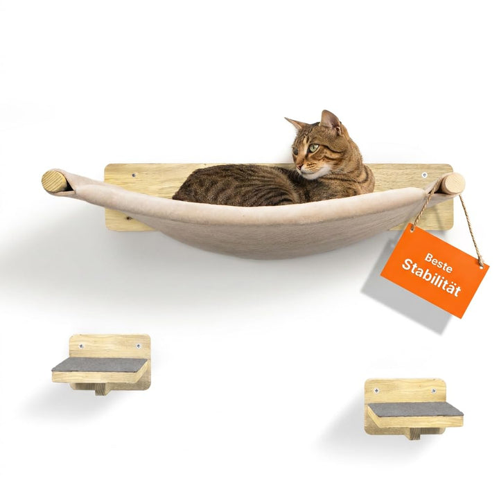 WOOWOOD Katzen Kletterwand 3-teilig, Hängematte und 2 Katzentreppen, 3-teilig