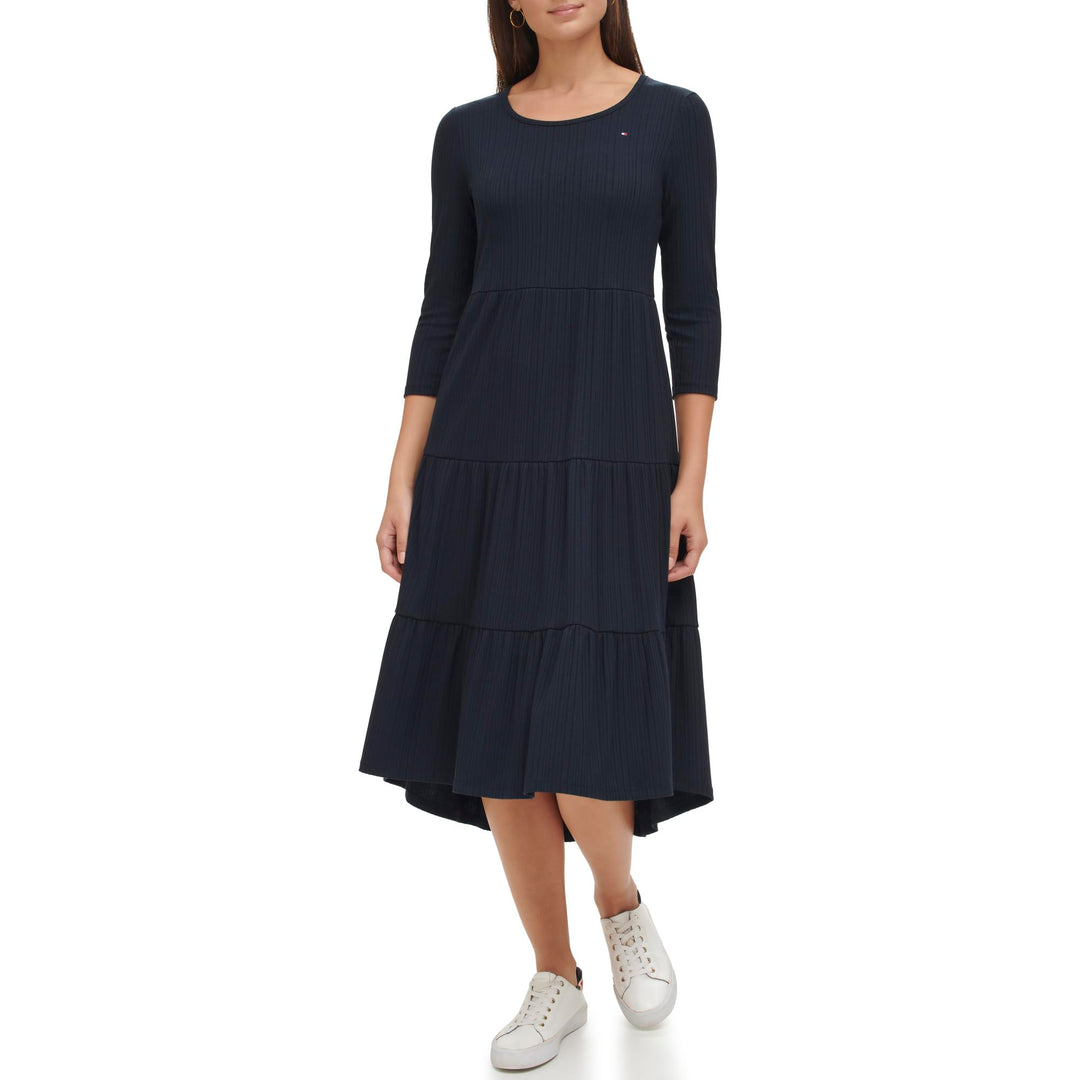 Tommy Hilfiger Damen Gestuftes Midikleid mit Streifen Lässiges Kleid XS Kapitän des Himmels (Sky Cap