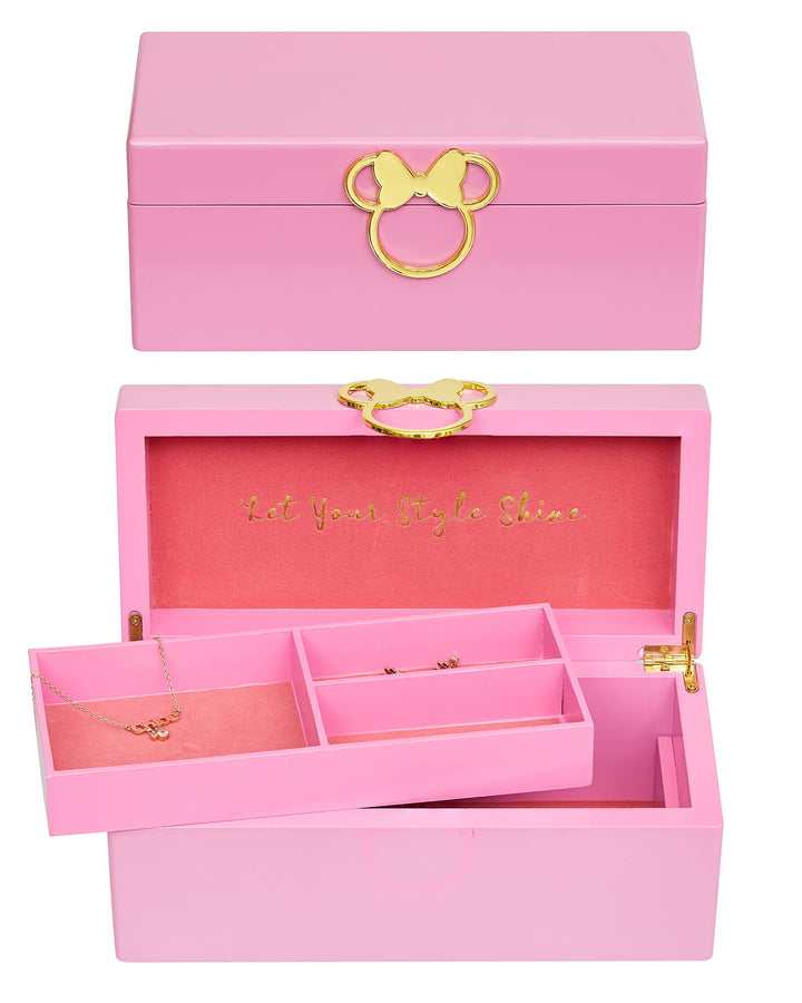 Disney Minnie Mouse Gold Icon Pink Lacquer Wood Jewelry Box Jewelry Organizer, Officially Licensed K