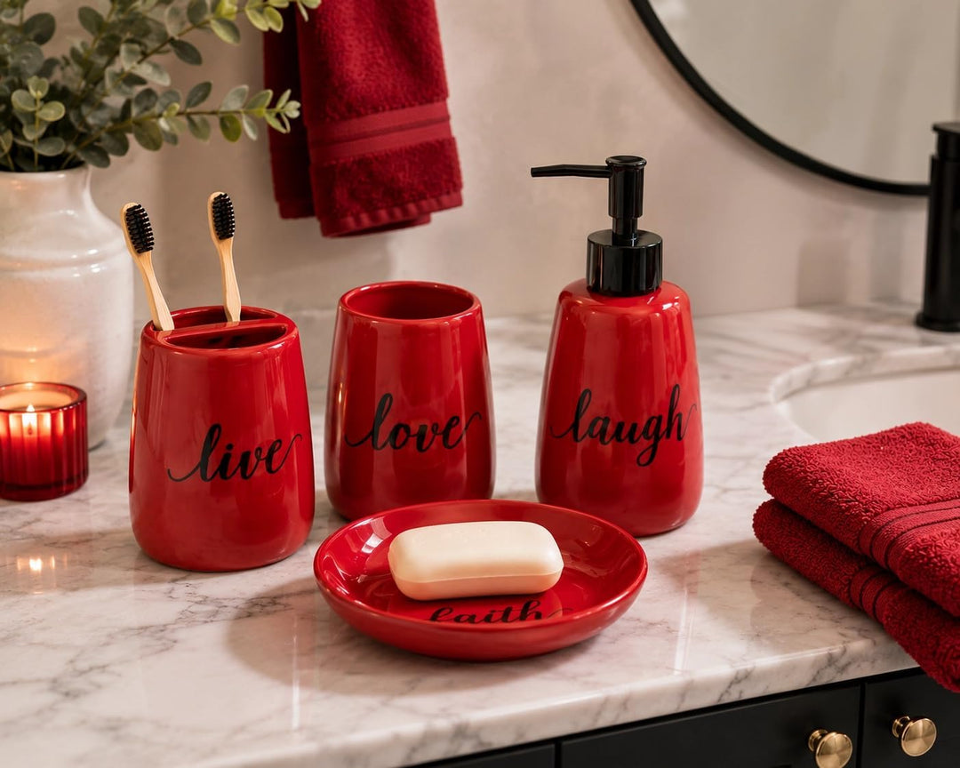 Badezimmer-Zubehör-Set, Keramik, 4-teilig, Zahnbürstenhalter, Seifenspender, Seifenschale, Wäschetro