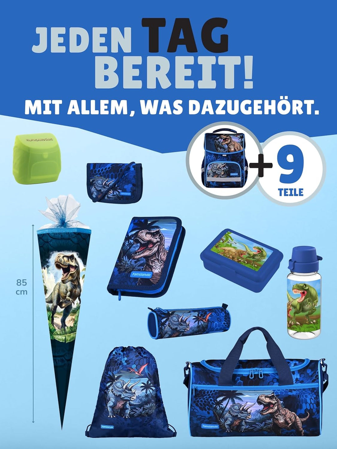 Familando - Basic-Plus Schulranzen Set - 10-teilig mit Schultüte - T-REX Dino - Ergonomisch, stabil