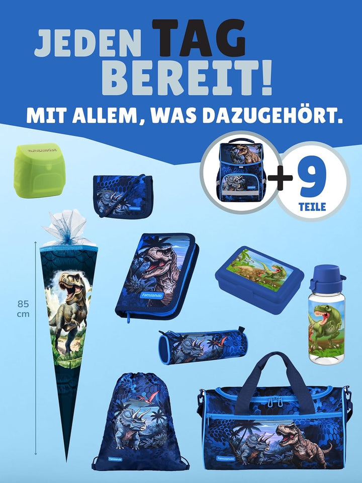 Familando - Basic-Plus Schulranzen Set - 10-teilig mit Schultüte - T-REX Dino - Ergonomisch, stabil