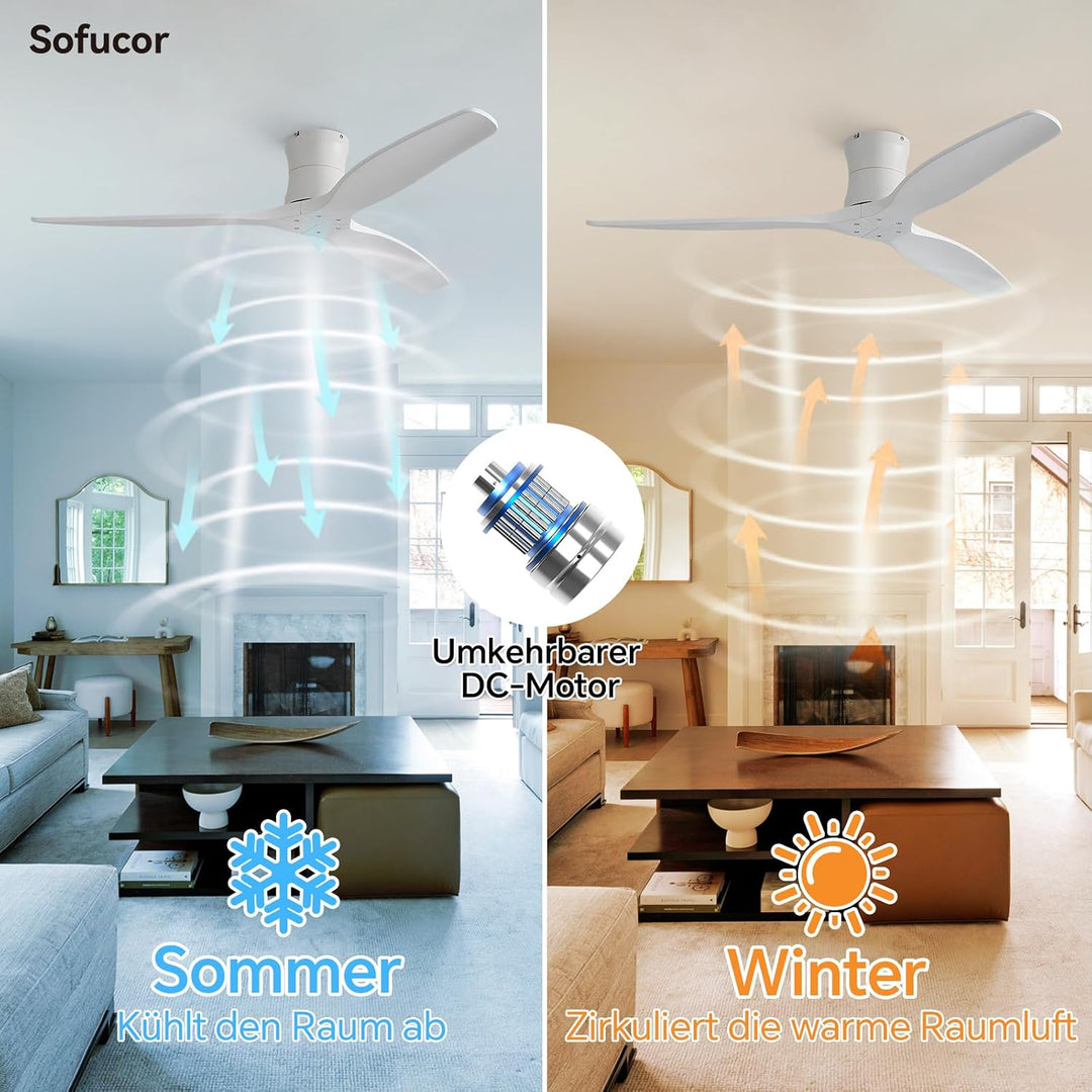 Sofucor 132cm Deckenventilator mit Fernbedienung, Massivholz Deckenventilator ohne Licht, Leise DC M