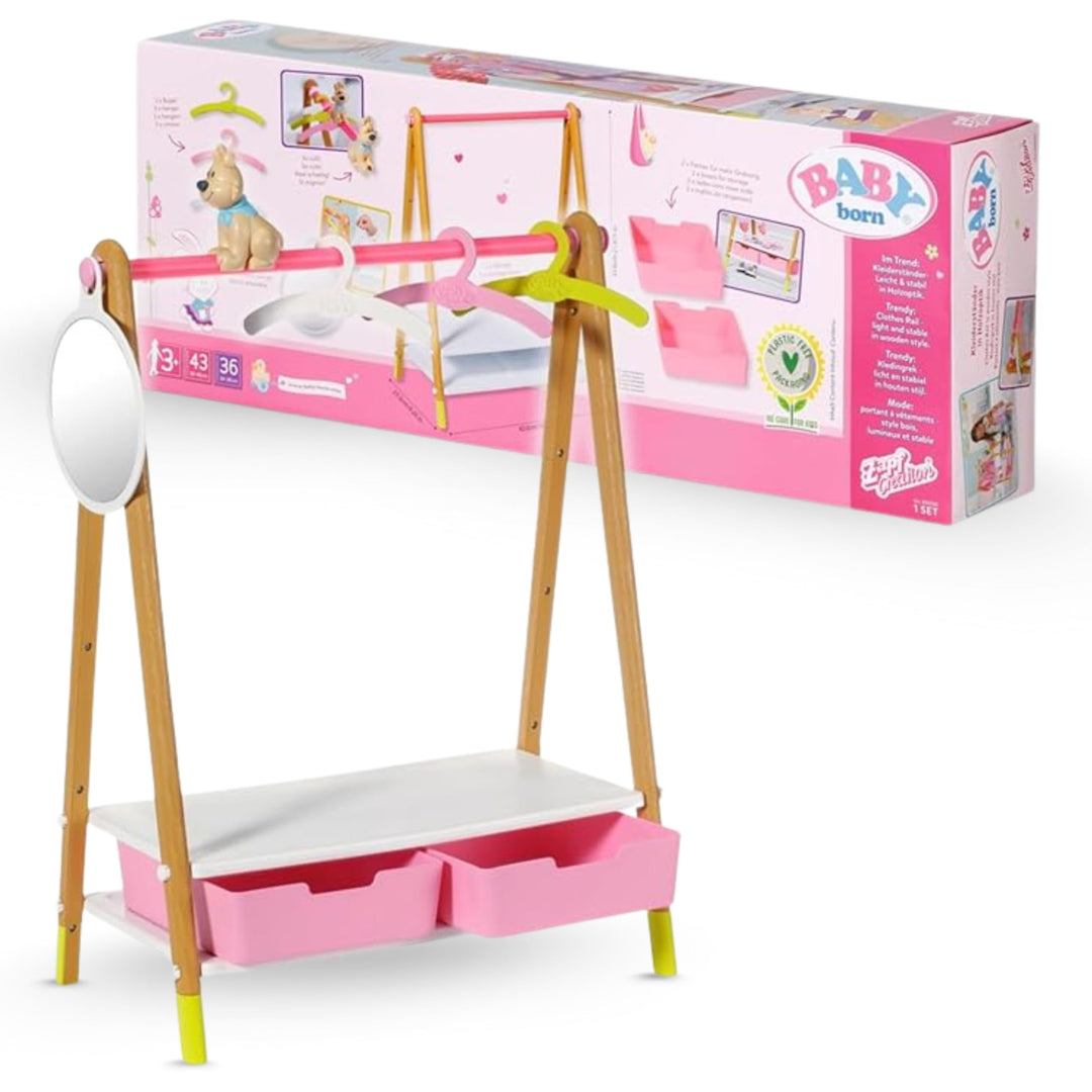 Zapf Creation 830000 BABY born Kleiderstange - Puppenkleider-Ständer mit Holz-Optik und Zubehör Sing