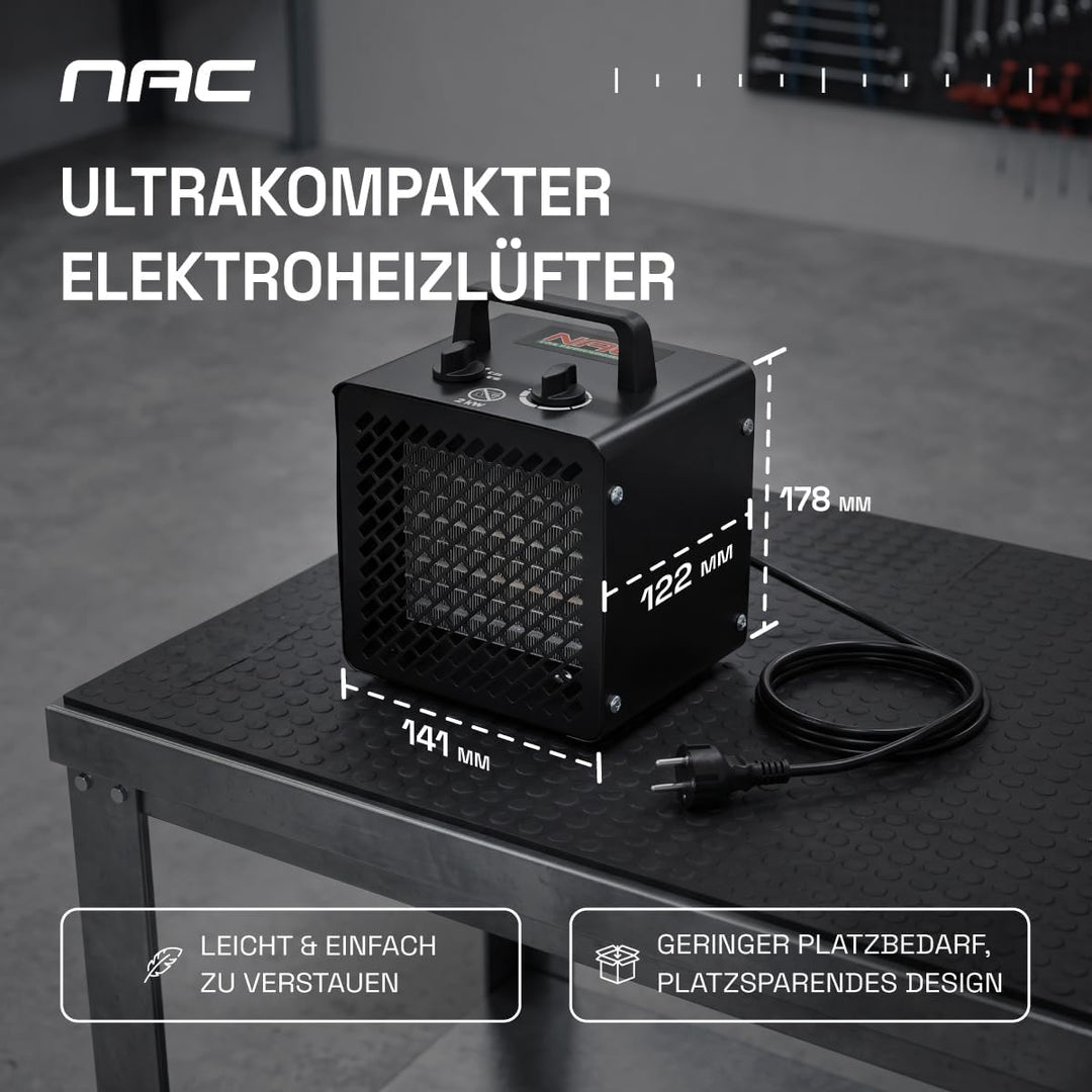 NAC Elektrischer Keramik Heizlüfter 2000 Watt - Heizstrahler mit Thermostat, Heizung Elektrisch - He