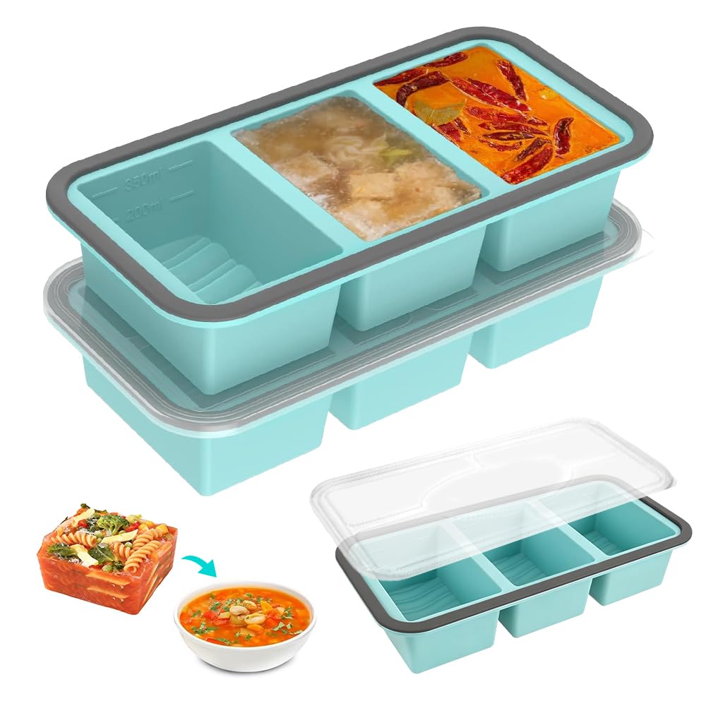 2 Stück Silikon Gefriertablett mit Deckel, 350ml Suppen Einfrieren Behälter mit 3 Fächern, Einfriere