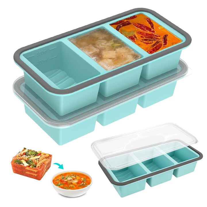2 Stück Silikon Gefriertablett mit Deckel, 350ml Suppen Einfrieren Behälter mit 3 Fächern, Einfriere