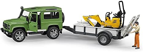 Bruder 2593 Land Rover Defender with One Axle Trailer, JCB Micro Excavator and Worker