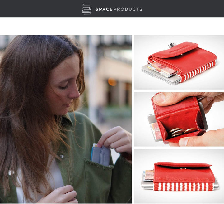 Space Products ® Mini Geldbörse rot-gestreift I Sehr kleines Echtleder Wallet/Portemonnaie mit Münzf
