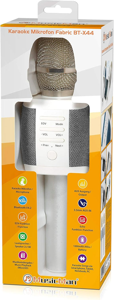 MusicMan Karaoke Mikrofon Fabric BT-X44 grau - Karaoke Songs via Smartphone, Bluetooth V4.2, 3.5mm A