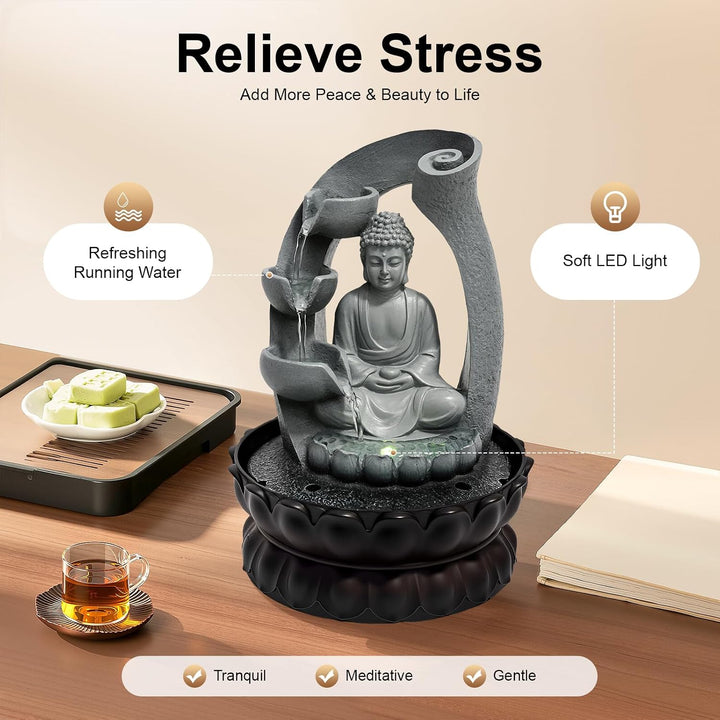 Elektrisch Zimmerbrunnen, Zen Tischbrunnen mit LED mit Licht und Pumpe | Buddha Motiv Springbrunnen