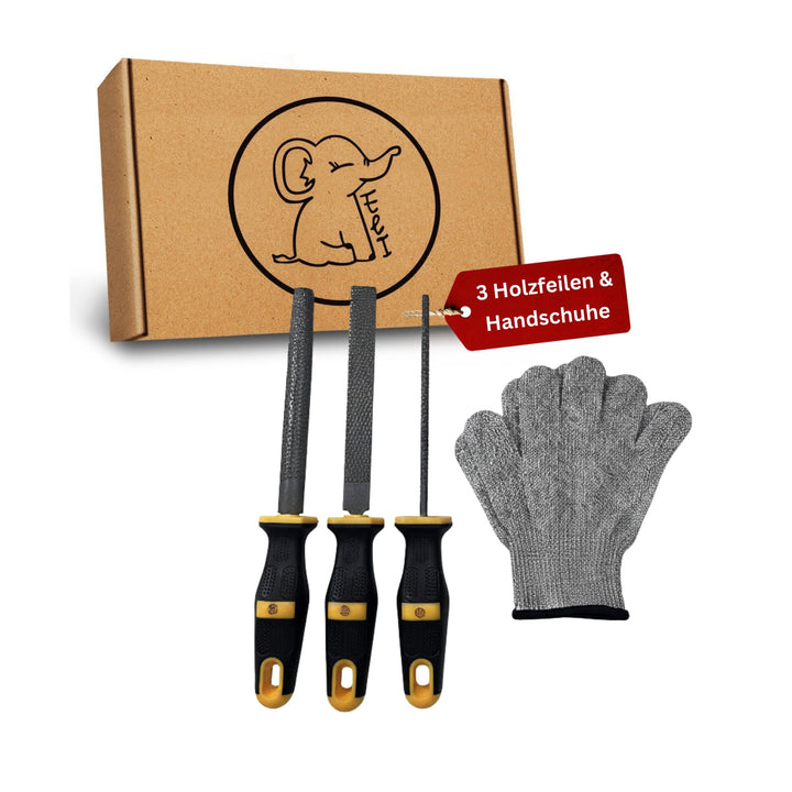 Eli® 3 Holzfeilen Set für Kinder inkl Schutzhandschuhe - Holzraspel - Werkzeuge für Holz - rund - ha