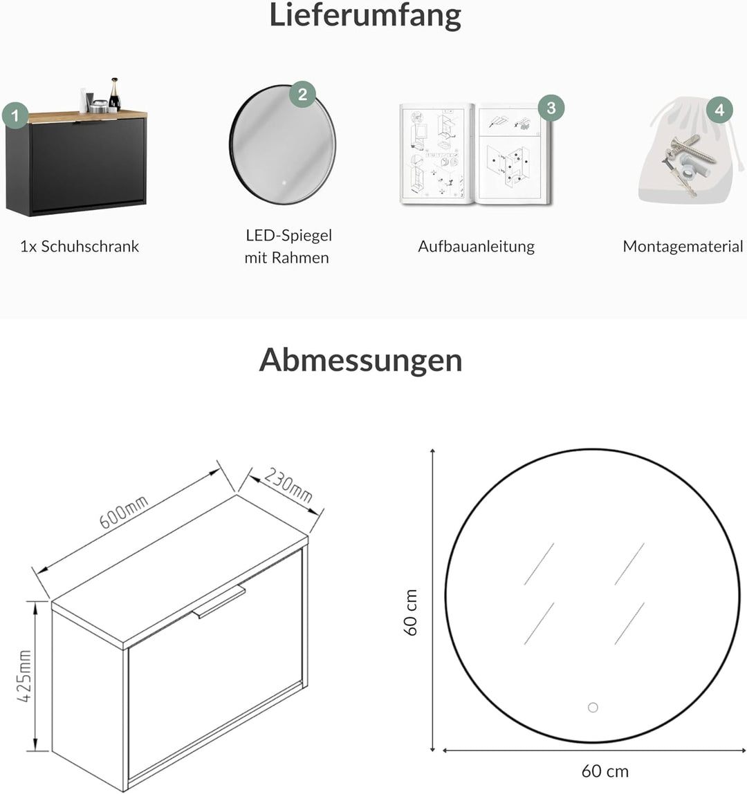 Planetmöbel Schuhschrank schmal inkl. runder Spiegel mit Beleuchtung 60 cm (3 Lichtstufen) Schuhkomm