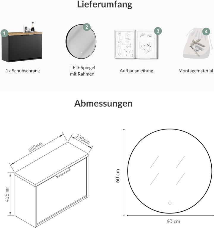 Planetmöbel Schuhschrank schmal inkl. runder Spiegel mit Beleuchtung 60 cm (3 Lichtstufen) Schuhkomm