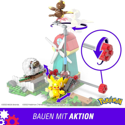 MEGA Pokémon Bauspielzeug für Kinder, Windmühlen-Farm mit Pikachu-, Taubsi- und Wolly-Actionfigur zu