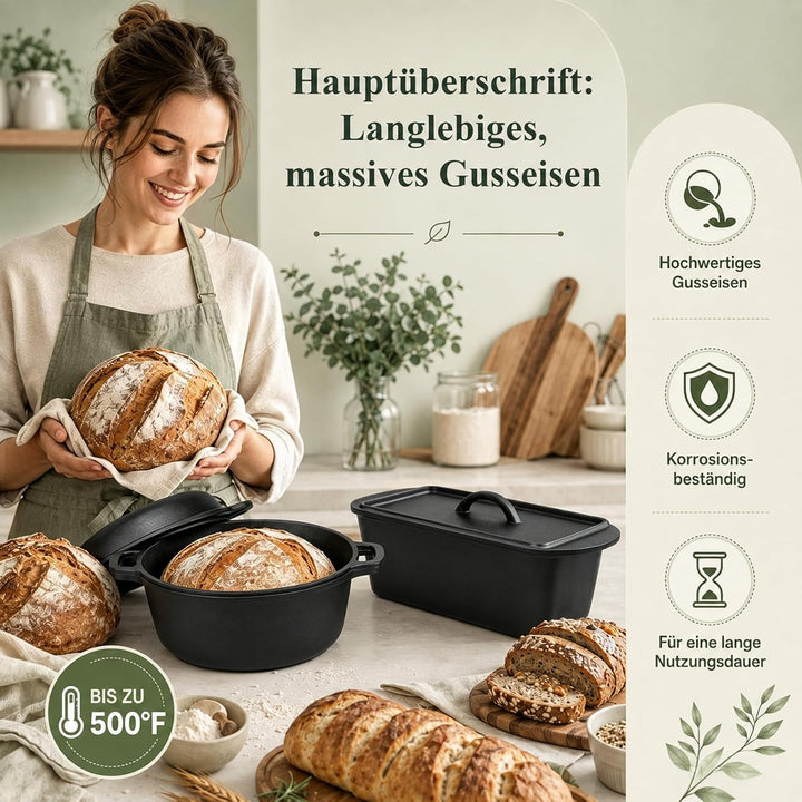 Gusseisen Topf 26cm Brot Backen, Brotbackform mit Deckel, Gärkorb, Robuste Brotbackform mit Deckel,