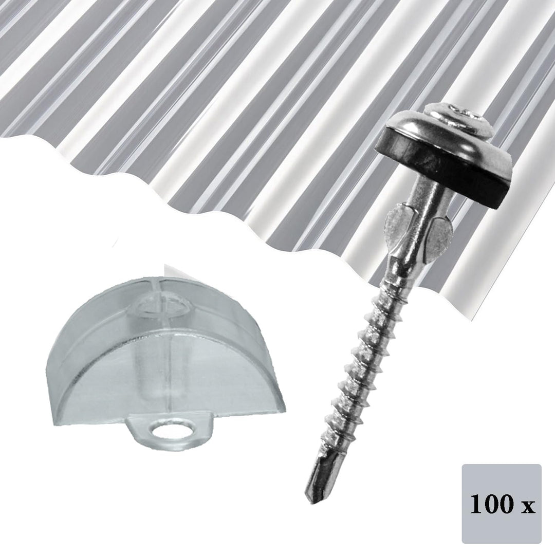 Befestigungs-Set: Spenglerschraube mit Bohrspitze & Bohrflügel + Abstandshalter für Wellplatten mit