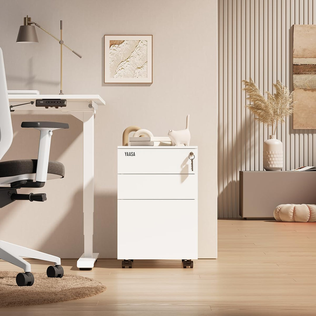 Yaasa File Cabinet Edged Standard Weiss - Rollcontainer aus Stahl, Aktenschrank mit 3 verschliessbar