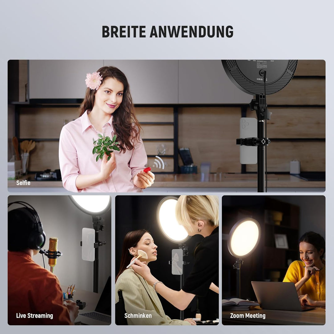 NEEWER Basics 12" 24W Grosses Ringlicht mit 173cm Stativ, Handyhalter & Fernbedienung kompatibel mit