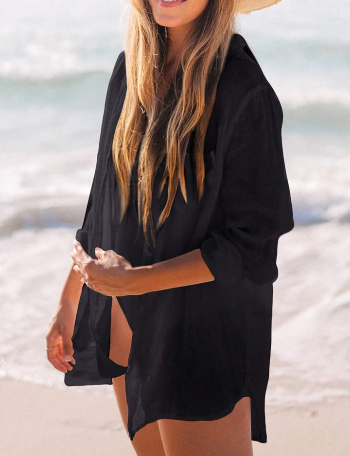 Damen Long Sleeve Beach Shirt Blusen Turn Down Kragen Strandponcho, G-black