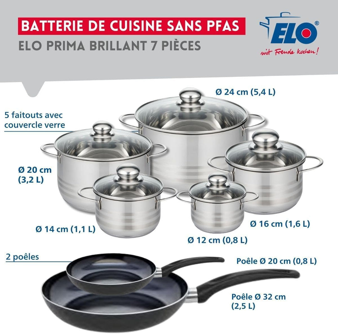 ELO 9730950 Kochgeschirr-Set, 7-teilig, 2 Bratpfannen 20 und 32 cm und 5 Kochtöpfe 12, 14, 16, 20 un
