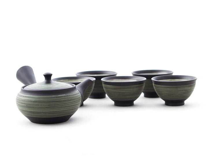 Original japanische Teekanne, Kyusu, mit 5 Becher: Nichiyobi. Integriertes Tee-Sieb aus Edelstahl. E
