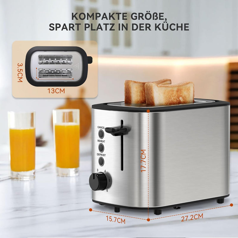 KitchenBoss Toaster 2 Scheiben：Toaster mit Brötchenaufsatz und Krümelschublade, 6 Bräunungsstufen, T