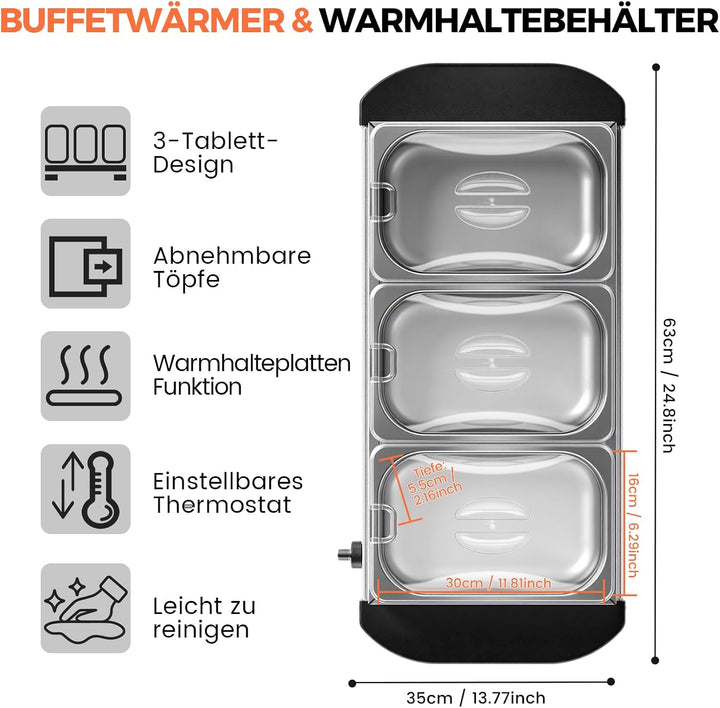 2in1 Warmhalteplatte und Buffetwärmer aus Edelstahl 200W mit 3x1,5L Speisebehältern Gleichmässige Wä