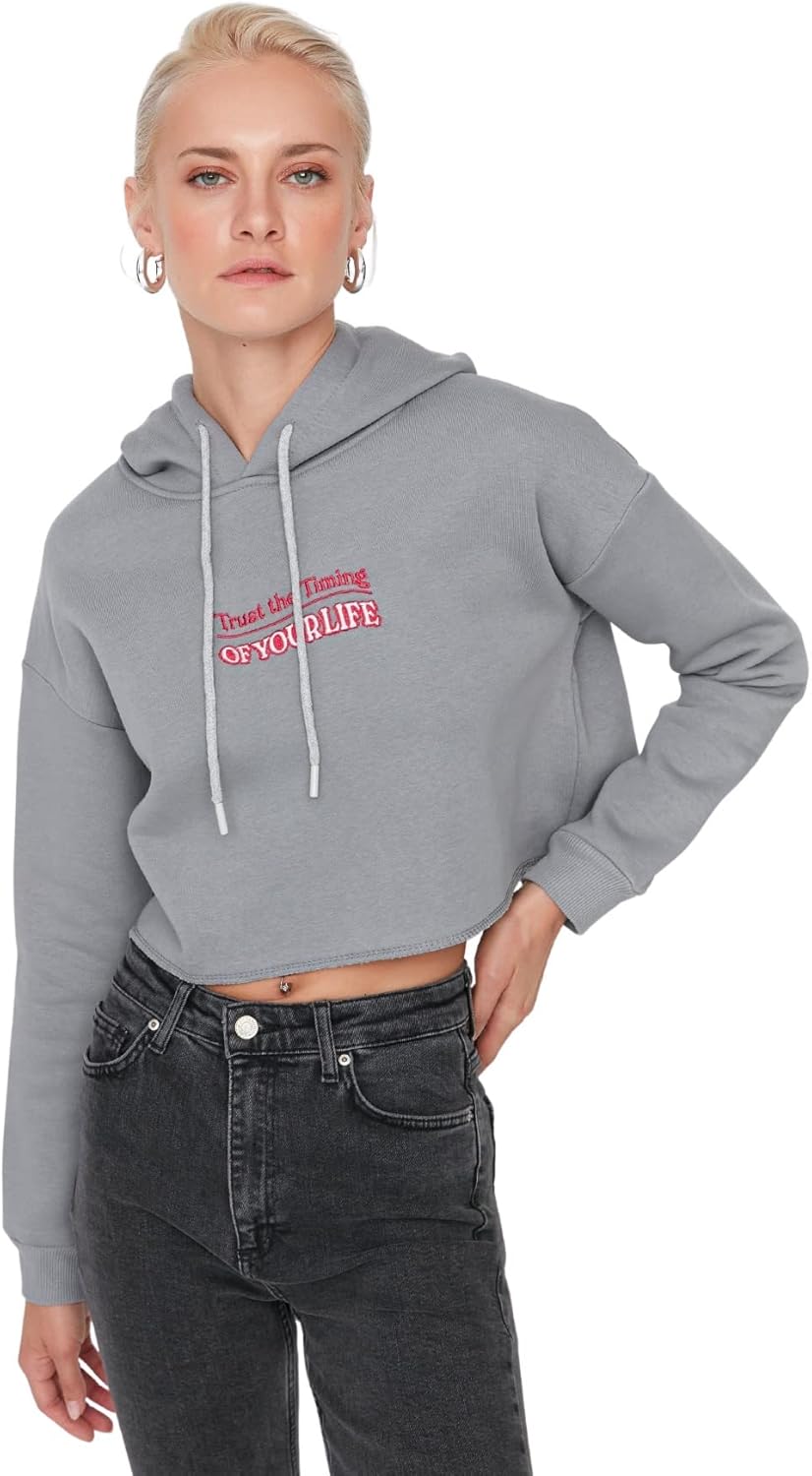 TRENDYOL Damen Hood with Slogan Schnitt Sweatshirt XS Gray, XS Gray