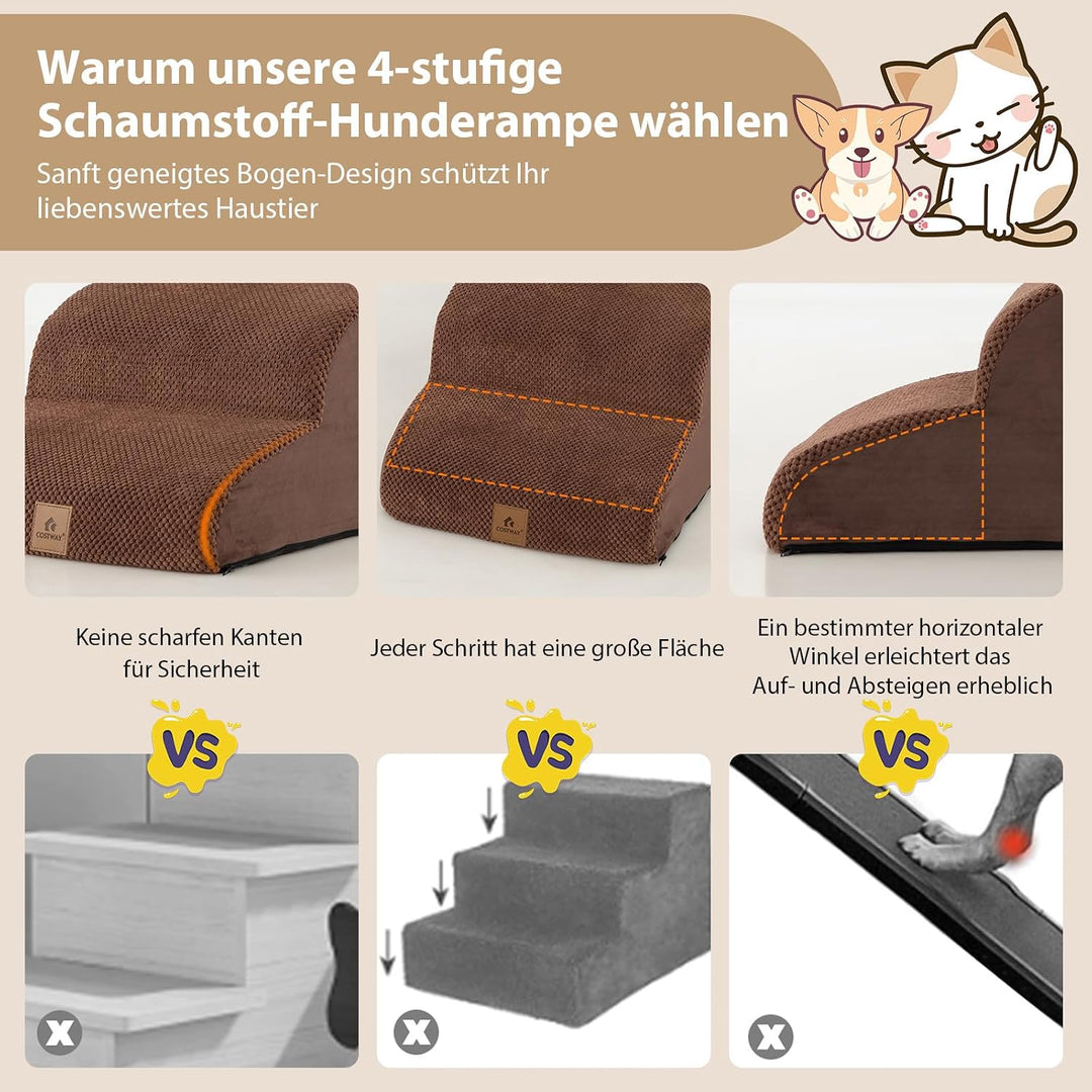 GYMAX Hundetreppe 4 Stufen, Haustiertreppe mit waschbarem Bezug &amp; Reissverschluss, Hundestufen aus h