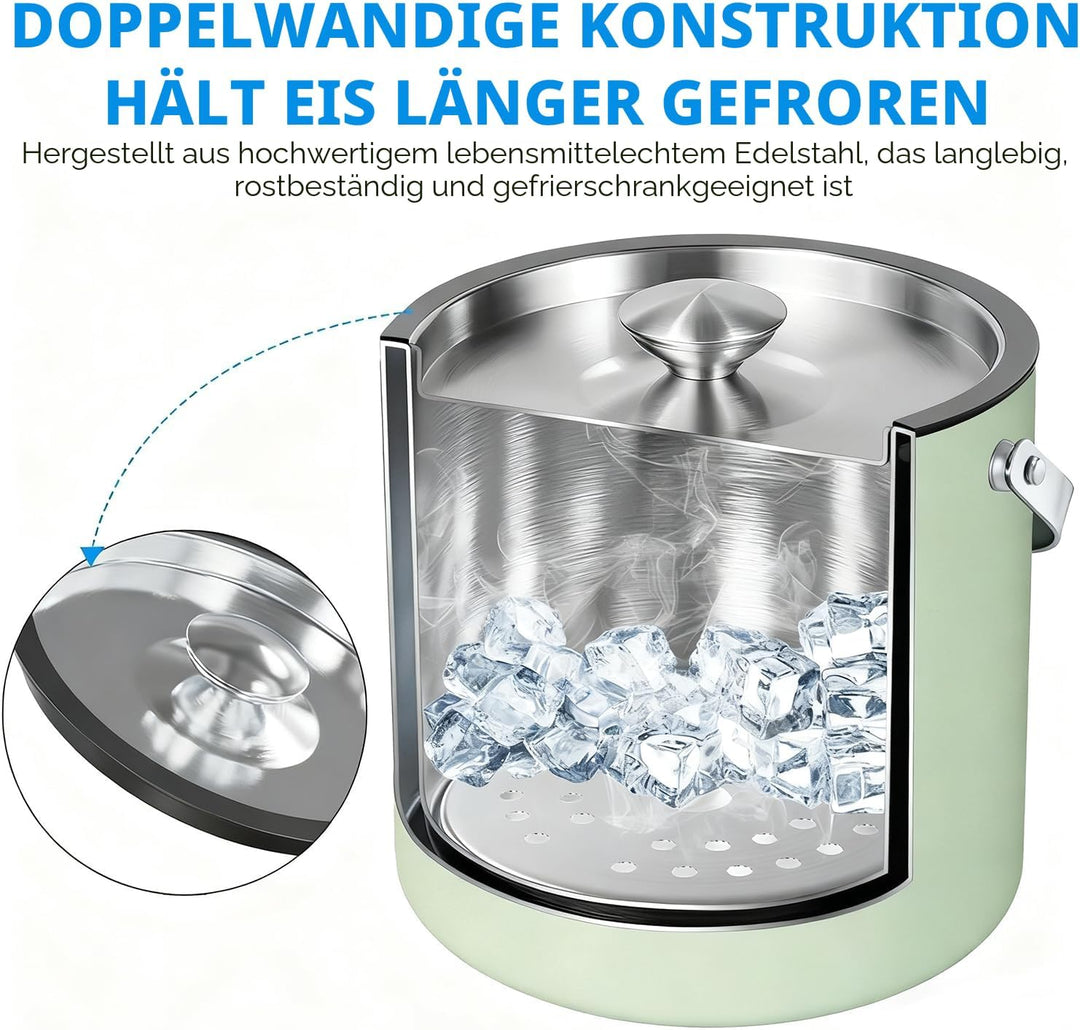 3.2L Eiswürfelbehälter mit Deckel und Schaufel, Edelstahl Eiskübel Doppelwandiger Isolierter Eisbehä