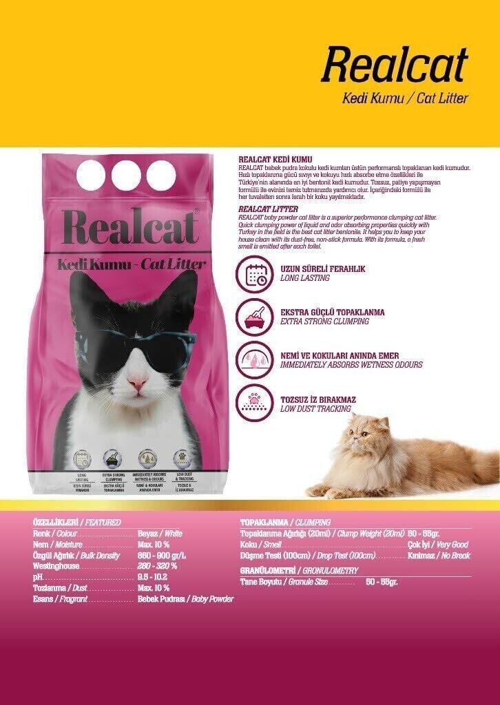Katzenstreu Realcat |Cat Litter | Mit Babypuder Duft | Feines Klumpstreu | 350% Saugkraft | Naturpro