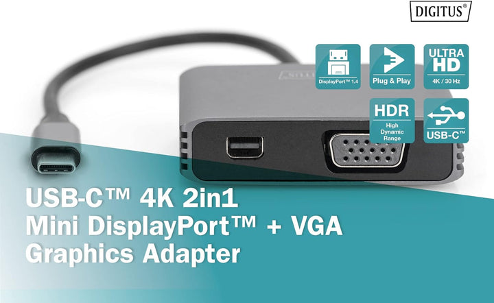 DIGITUS USB-C - Mini DP + VGA Adapter, 20 cm 4K/30Hz, Silber, Aluminium Gehäuse