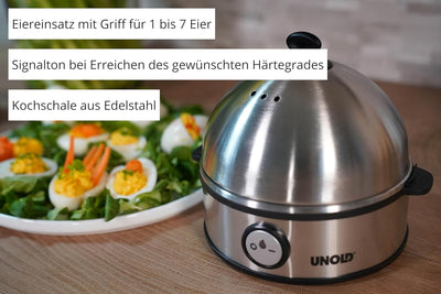 UNOLD 38626 EIERKOCHER Edel, 360 W, Griff für 1 bis 7 Eier, Kochschale, Edelstahl/Schwarz