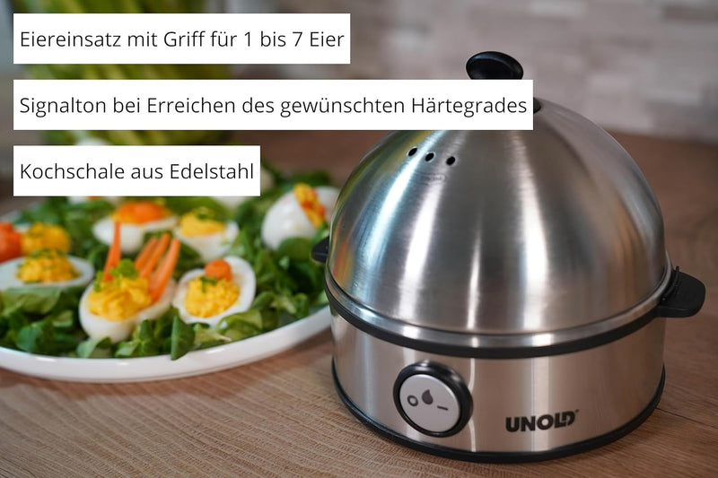 UNOLD 38626 EIERKOCHER Edel, 360 W, Griff für 1 bis 7 Eier, Kochschale, Edelstahl/Schwarz