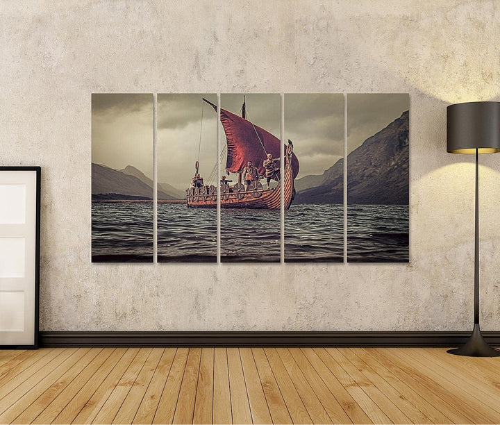 islandburner Bild auf Leinwand Gruppe Wikingern Auf Dem Meer Drakkar Berge Bilder Wandbilder Poster