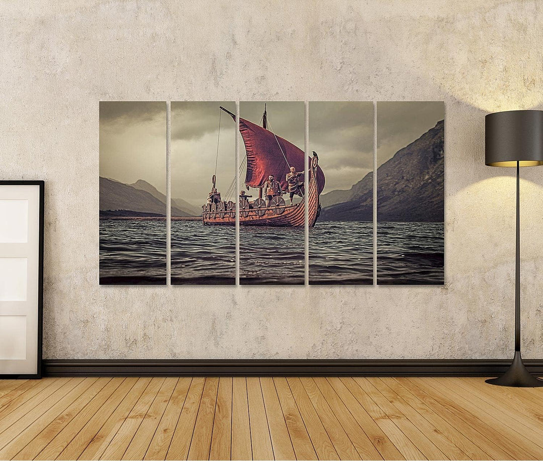 islandburner Bild auf Leinwand Gruppe Wikingern Auf Dem Meer Drakkar Berge Bilder Wandbilder Poster