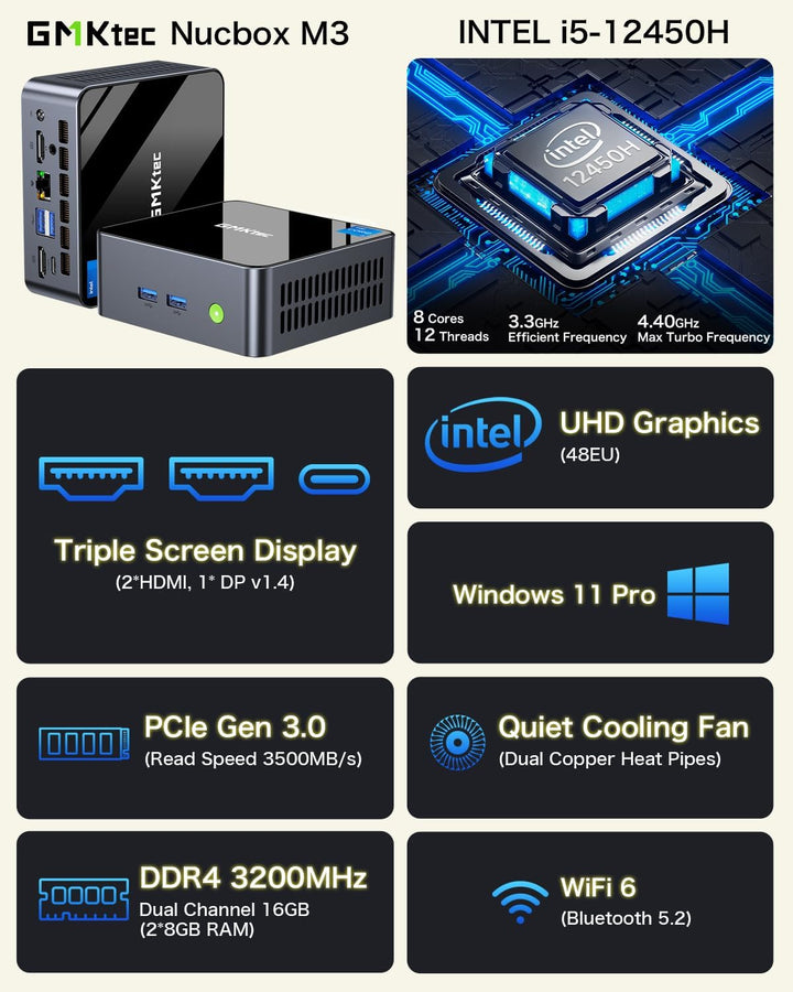 GMKtec Mini-PC Intel i5-12450H (Turbo 4,4 GHz) 16 GB (8x2) DDR4 3200 MHz 1 TB M.2 PCIe3.0 NVMe SSD M