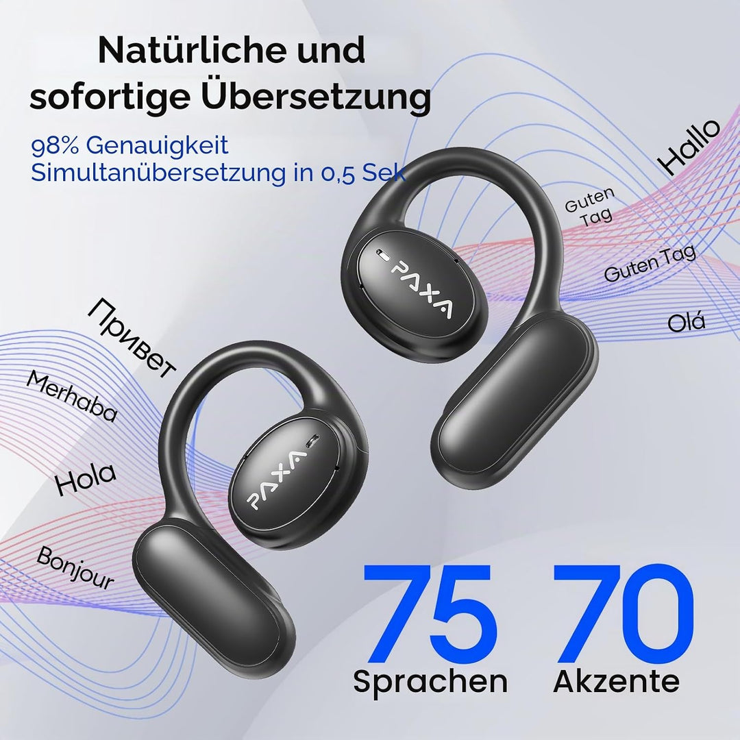 PAXA OpenAir5 Sprachübersetzer Bluetooth 5.4 Echtzeit-Übersetzer mit Sprachübersetzer in Echtzeit mi