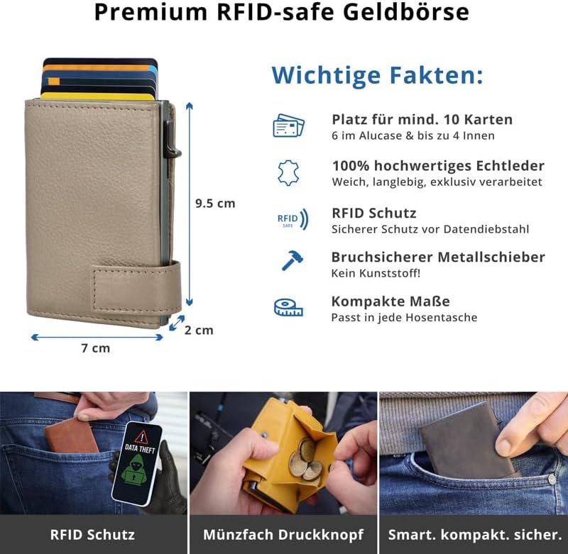 SecWal Kartenetui mit Münzfach Druckknopf inkl. Geschenkbox - Made in Germany - Echtleder Mini Geldb