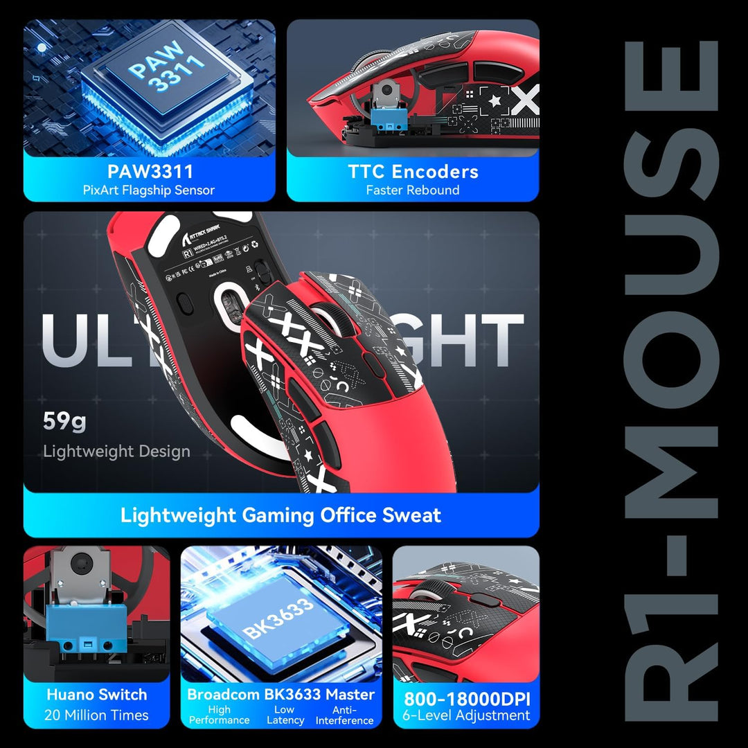 ATTACK SHARK R1 59g Superlight Maus mit Klebeband, PixArt PAW3311 Gaming-Sensor, BT/2,4G kabellose/k