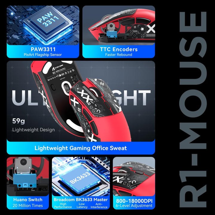 ATTACK SHARK R1 59g Superlight Maus mit Klebeband, PixArt PAW3311 Gaming-Sensor, BT/2,4G kabellose/k