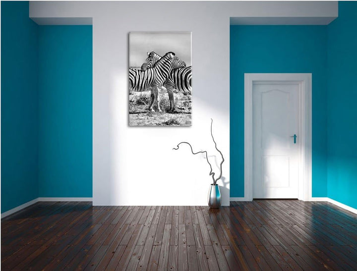 Pixxprint Schmusende Zebras als Leinwandbild/Grösse: 100x70 cm/Wandbild/Kunstdruck/fertig bespannt,