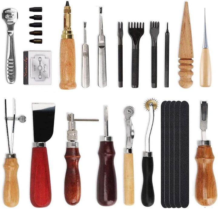 Grasomtools 18 Stück Leder Carft Punch Tools Kit Nähen Schnitzen Arbeiten Nähen Sattel Groover Leder