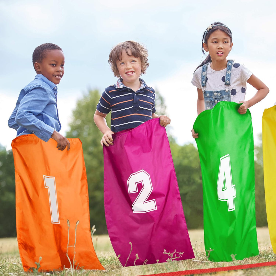 Relaxdays 10028884 Kinderparty, 3 in 1 Set, Garten Spiele für Kindergeburtstag, Sackhüpfen, Eierlauf
