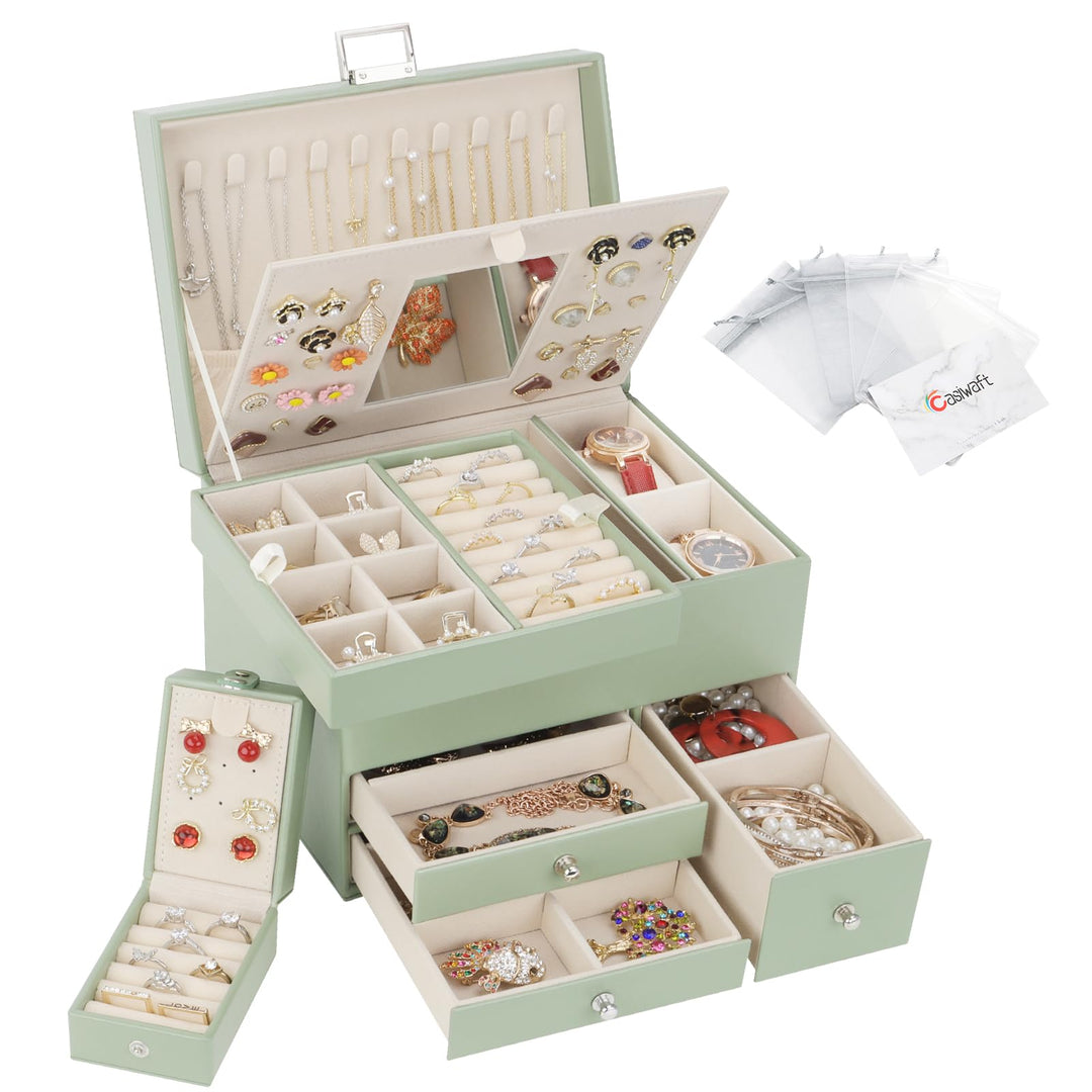 Schmuckkästchen, 3 Ebenen grosser PU Leder Reise Schmuckschatulle mit tragbarer Mini-Box für Reisen,