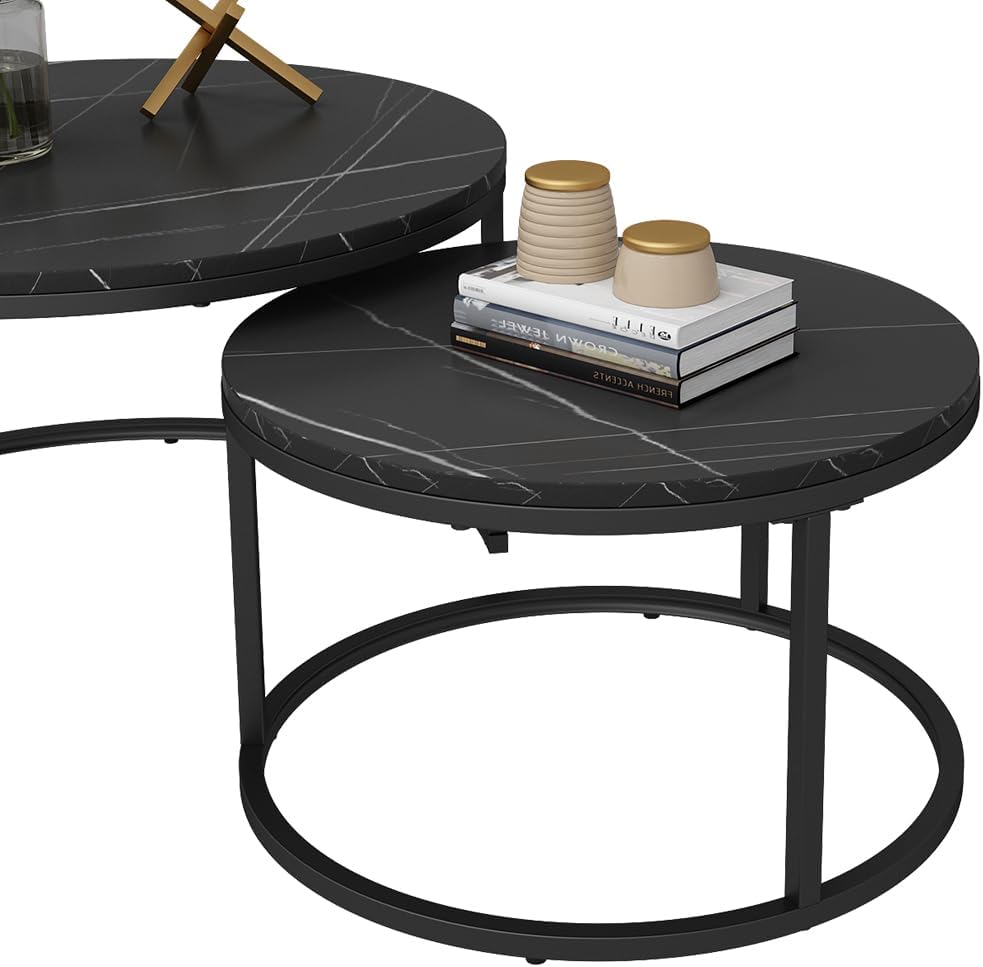 Vicco Couchtisch-Set Montreal, Schwarz/Schwarzer Marmor, 77 x 40 cm 2 Teile 2er Set Schwarz, 2er Set