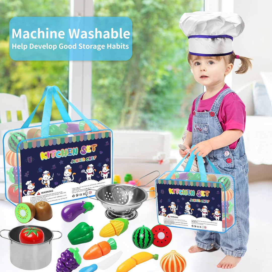 Kinderküche Zubehör 32 Stück Kinderküche Spielküche Zubehör,Lebensmittel Edelstahl Kochset Kinderspi