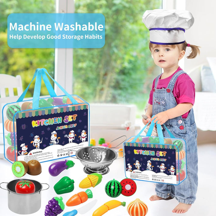 Kinderküche Zubehör 32 Stück Kinderküche Spielküche Zubehör,Lebensmittel Edelstahl Kochset Kinderspi