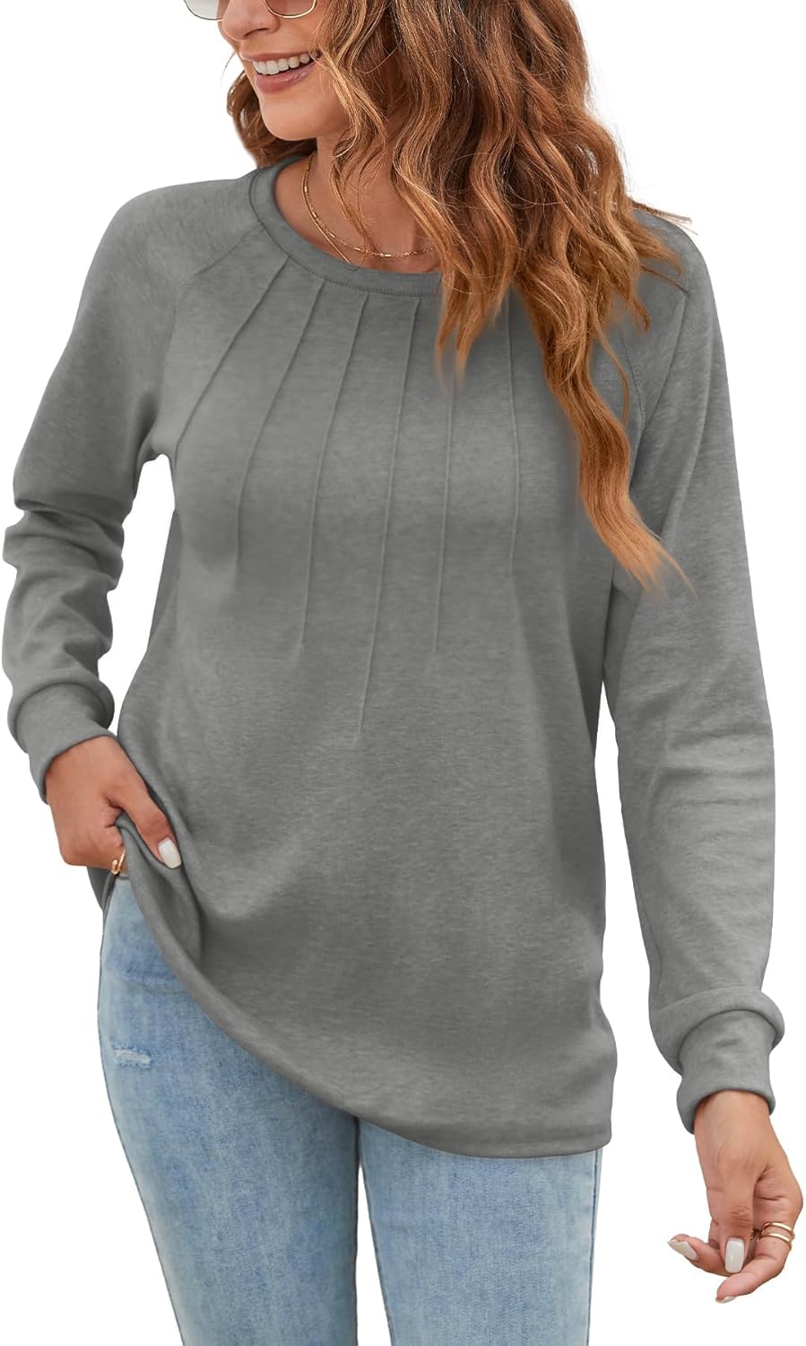 Langarmshirt Damen Rundhals Casual Locker Falten Tshirt Langarm Damen Oberteile Elegant Grau S, Grau